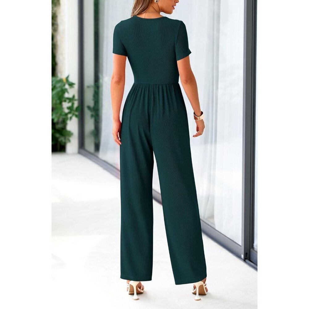 Women's Dark Green Summer Short Sleeve Square Neck Wide Leg Rompers Jumpsuits - Picture 6 of 8